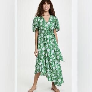 Mille Helena Block Floral Print Wrap Midi Dress Green Resortwear NWOT Sz XXS